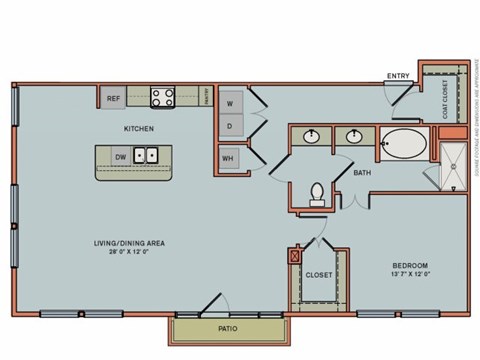 Floor plan for 1 bed, 1 bath, 1136 sqft