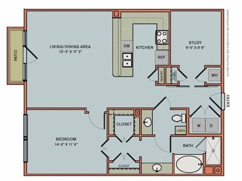 Floor plan for 1 bed, 1 bath, 1053 sqft