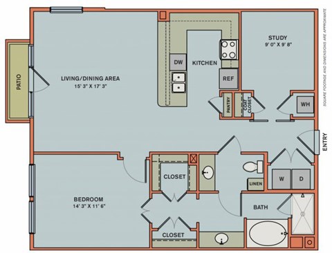 Floor plan for 1 bed, 1 bath, 1055 sqft