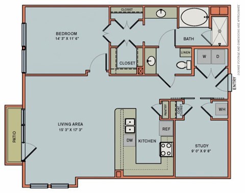Floor plan for 1 bed, 1 bath, 1067 sqft