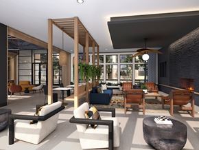 Littleton apartment for rent - A modern living room with a fireplace and comfortable seating.
