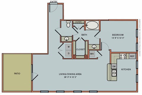 Floor plan for 1 bed, 1 bath, 1068 sqft