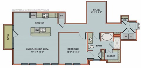 Floor plan for 1 bed, 1 bath, 1096 sqft
