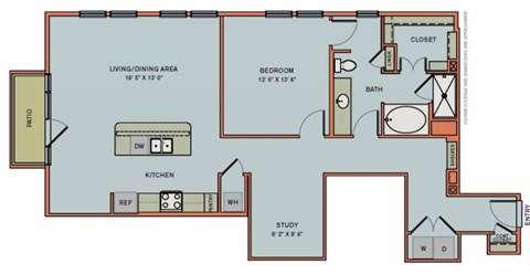 Floor plan for 1 bed, 1 bath, 1158 sqft