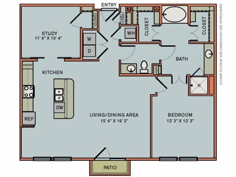 Floor plan for 1 bed, 1 bath, 1190 sqft