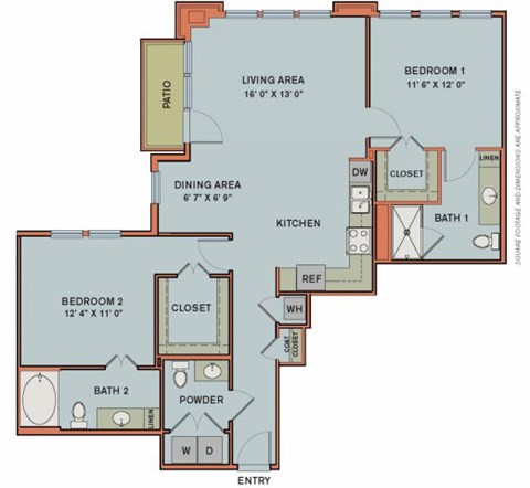 Floor plan for 2 beds, 2 baths, 1194 sqft