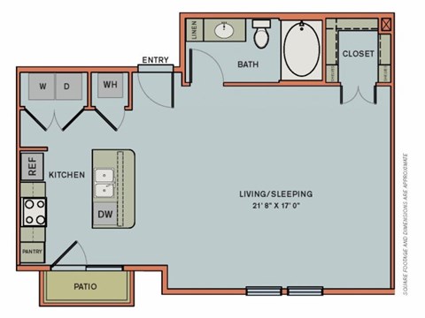 Floor plan for studio, 1 bath, 677 sqft