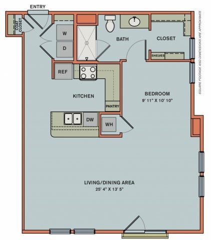 Floor plan for studio, 1 bath, 823 sqft