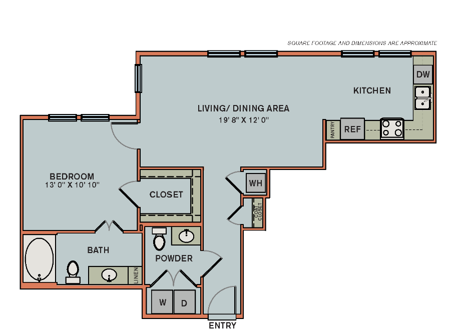 Floor plan for 1 bed, 1 bath, 806 sqft
