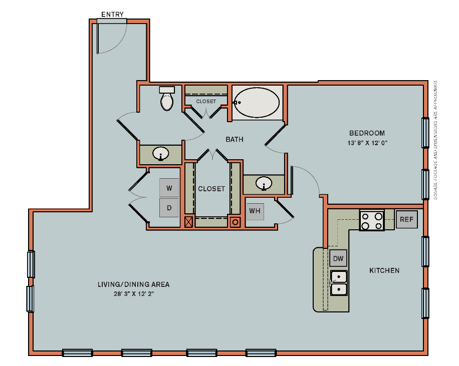 Floor plan for 1 bed, 1 bath, 1068 sqft