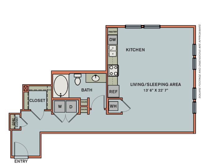 Floor plan for studio, 1 bath, 724 sqft