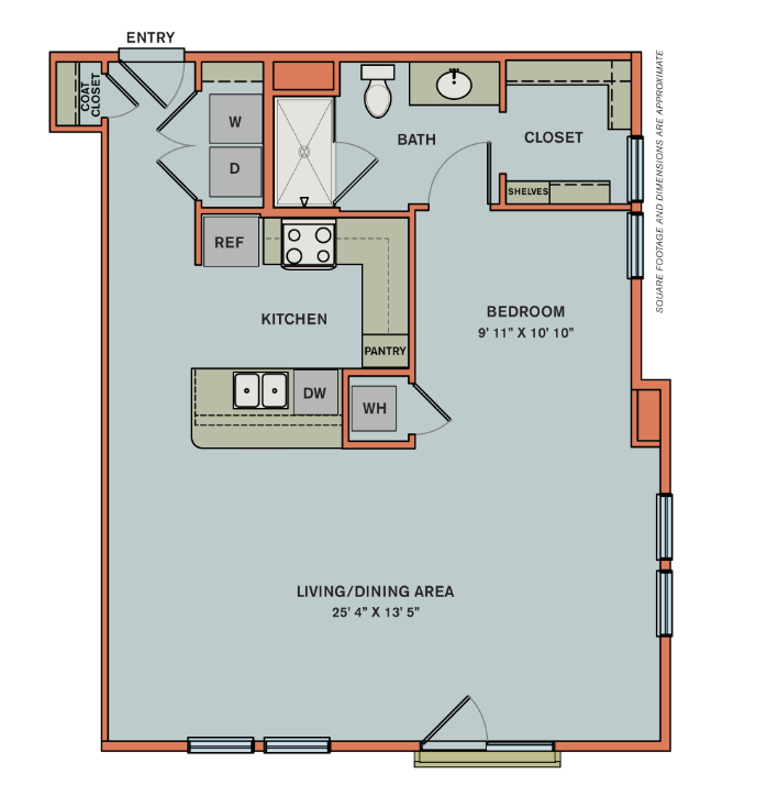 Floor plan for studio, 1 bath, 823 sqft