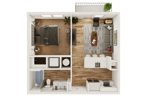 Floor plan for 1 bed, 1 bath, 608 sqft