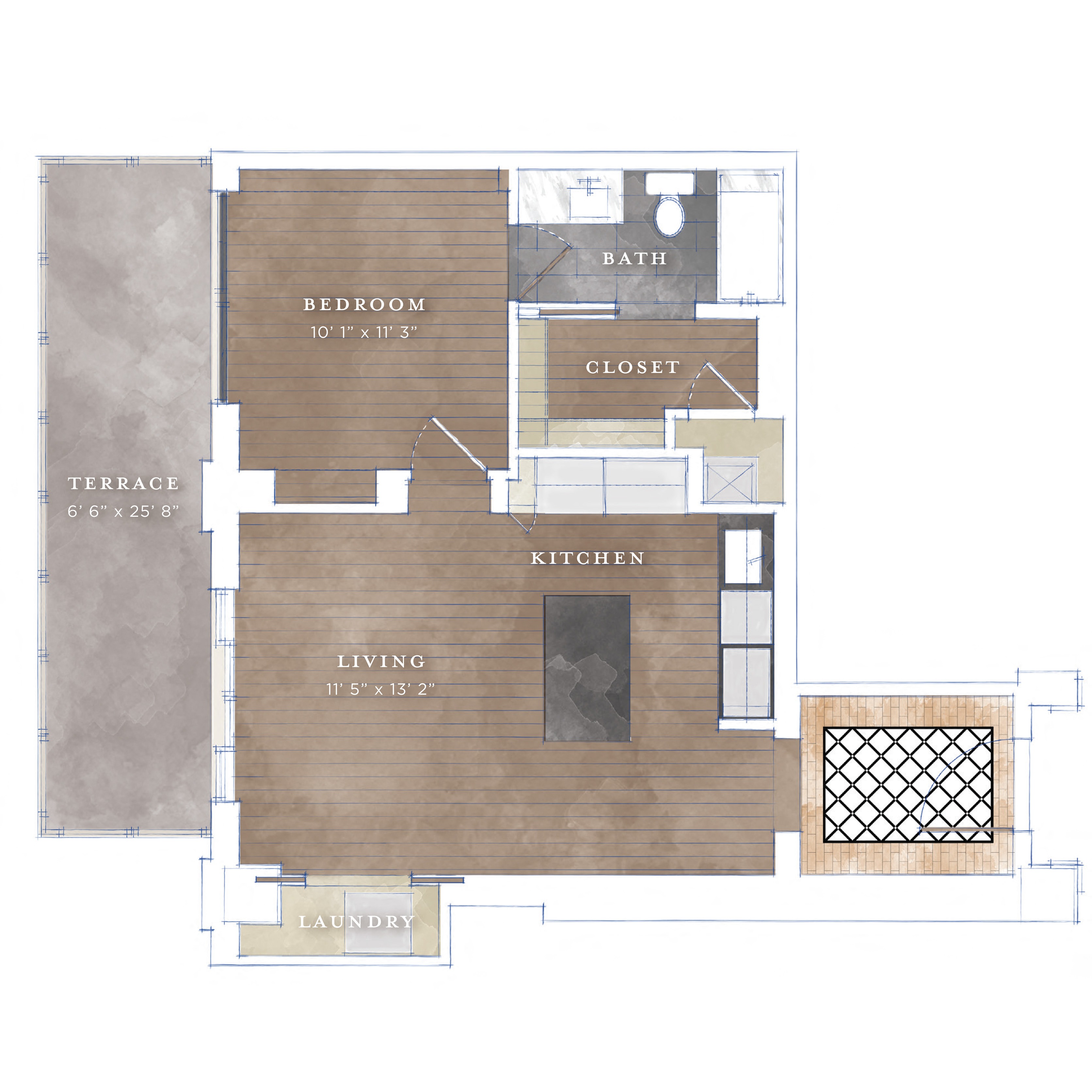 Floor plan for 1 bed, 1 bath, 650 sqft