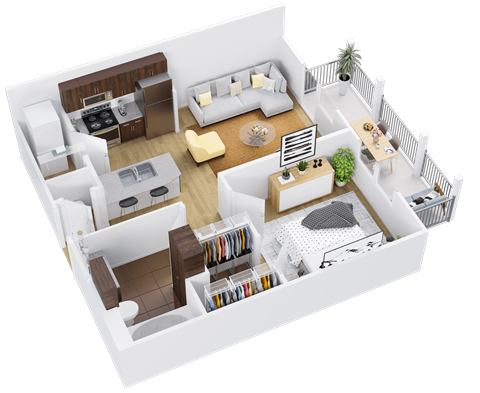 Floor plan for 1 bed, 1 bath, 573 sqft