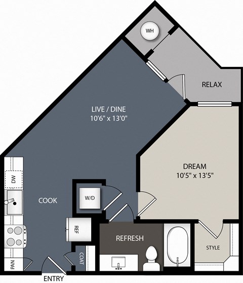 Floor plan for 1 bed, 1 bath, 600 sqft