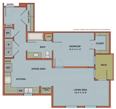 Floor plan for 1 bed, 1 bath, 851 sqft