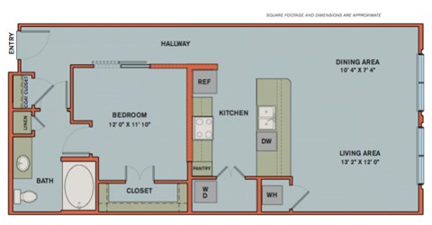 Floor plan for 1 bed, 1 bath, 865 sqft
