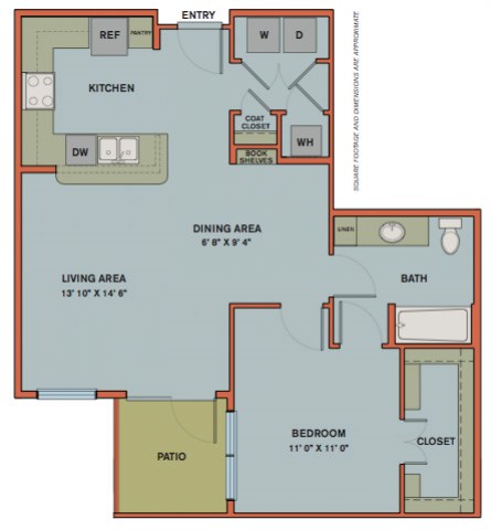 Floor plan for 1 bed, 1 bath, 812 sqft