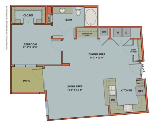 Floor plan for 1 bed, 1 bath, 931 sqft
