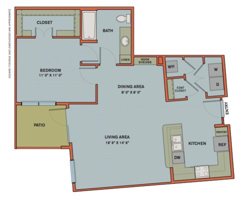 Floor plan for 1 bed, 1 bath, 874 sqft