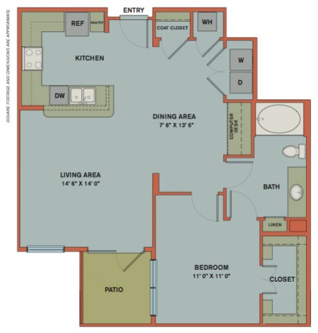 Floor plan for 1 bed, 1 bath, 876 sqft