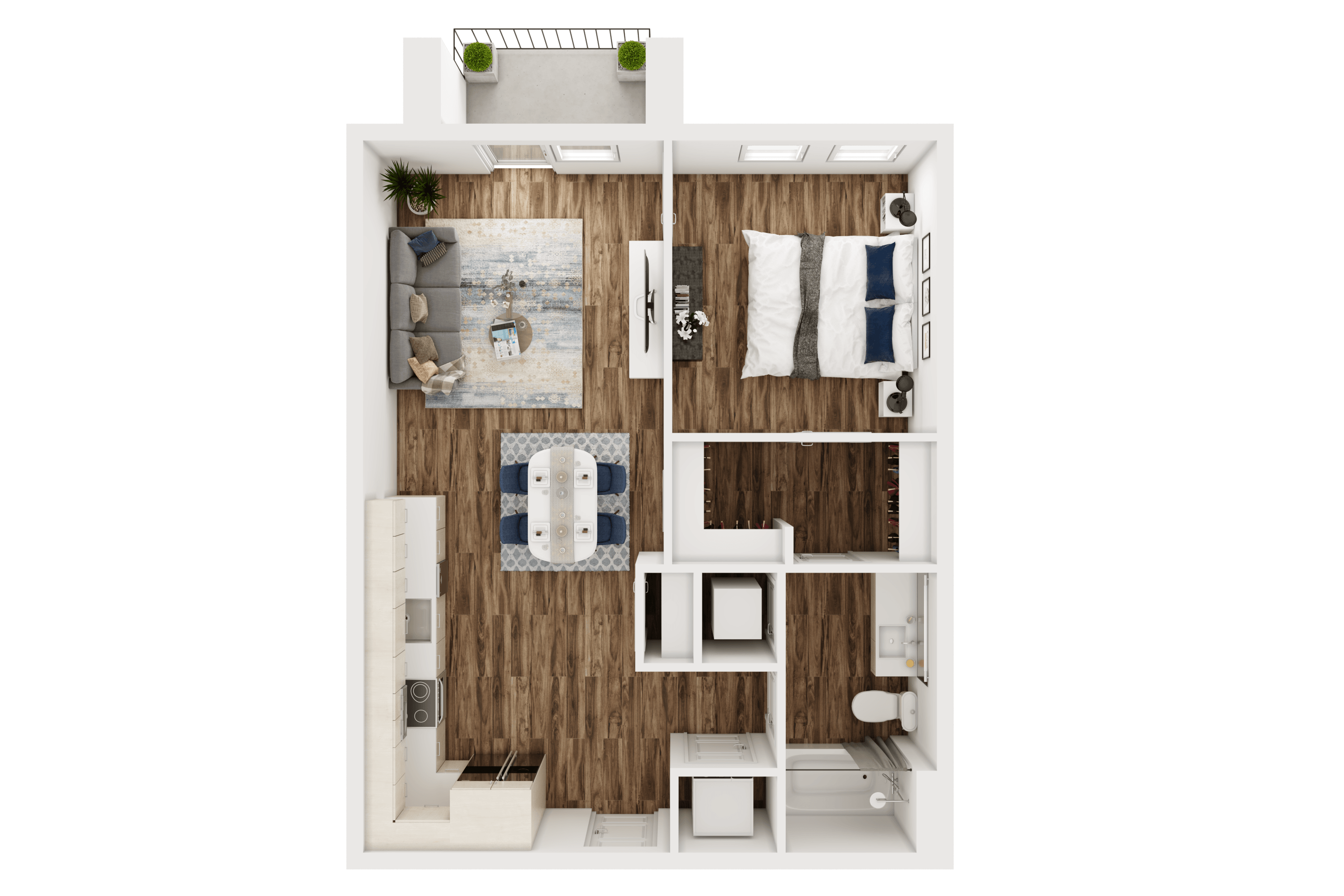Floor plan for 1 bed, 1 bath, 688 sqft