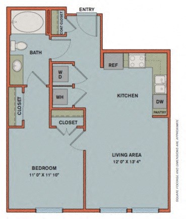 Floor plan for 1 bed, 1 bath, 653 sqft