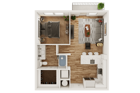 Floor plan for 1 bed, 1 bath, 687 sqft