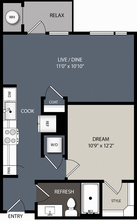 Floor plan for 1 bed, 1 bath, 654 sqft