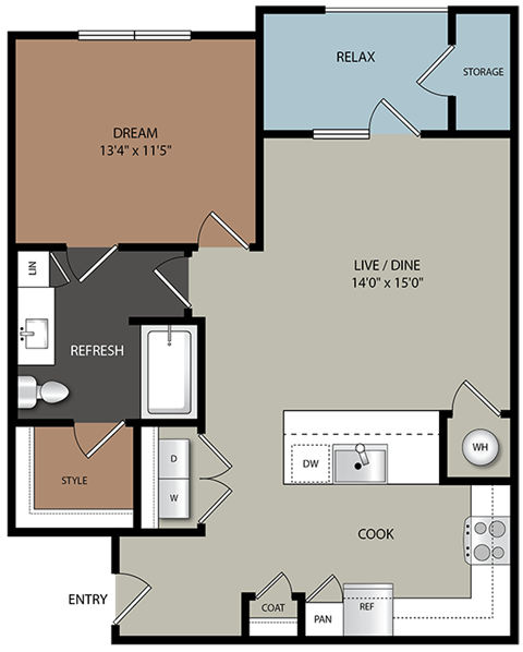 Floor plan for 1 bed, 1 bath, 820 sqft