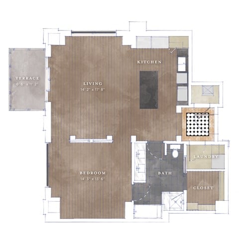 Floor plan for 1 bed, 1 bath, 967 sqft