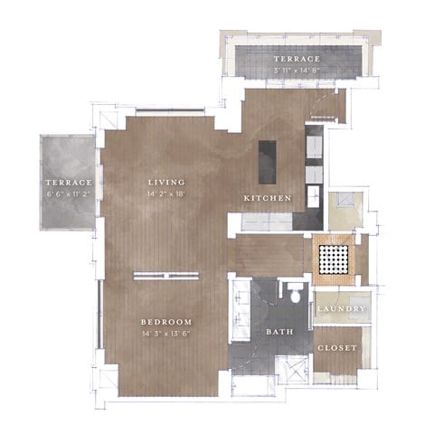 Floor plan for 1 bed, 1 bath, 1024 sqft