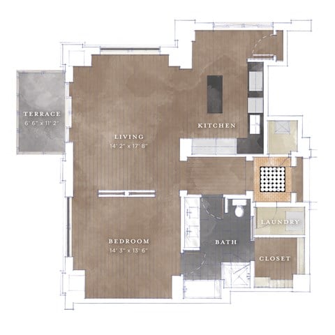 Floor plan for 1 bed, 1 bath, 1026 sqft