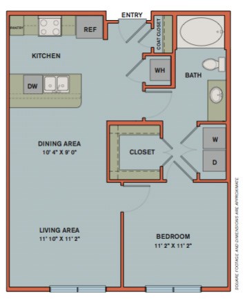 Floor plan for 1 bed, 1 bath, 779 sqft