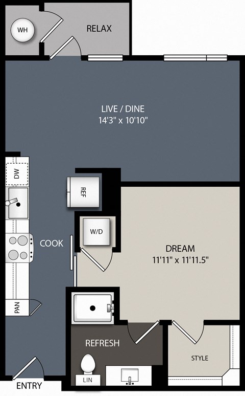 Floor plan for 1 bed, 1 bath, 654 sqft