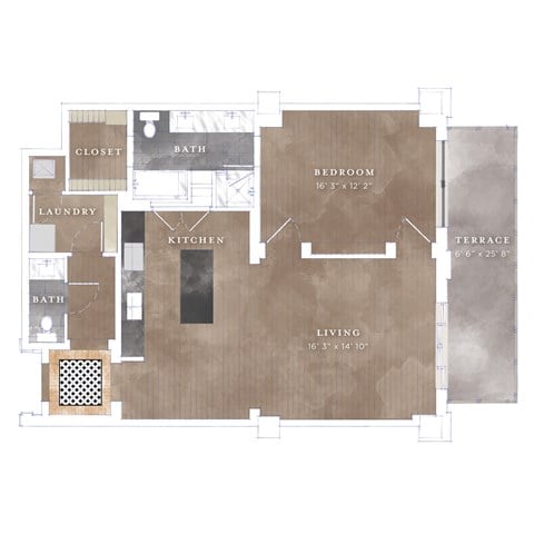 Floor plan for 1 bed, 1.5 baths, 1092 sqft