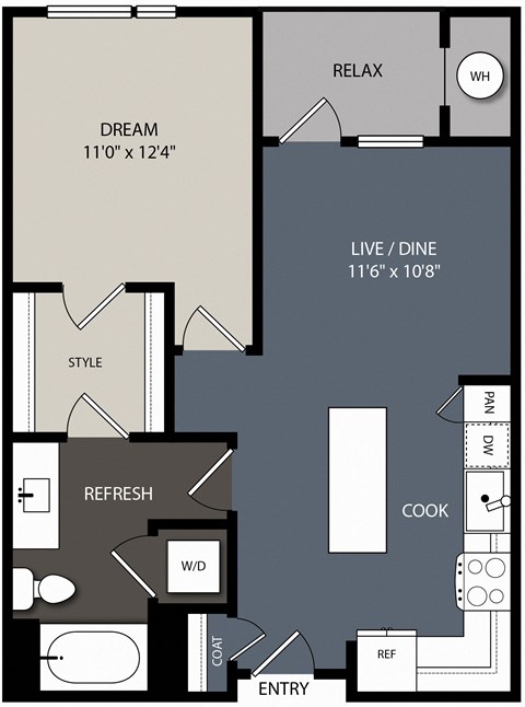 Floor plan for 1 bed, 1 bath, 700 sqft