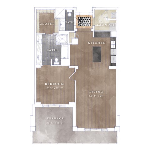 Floor plan for 1 bed, 1.5 baths, 1118 sqft