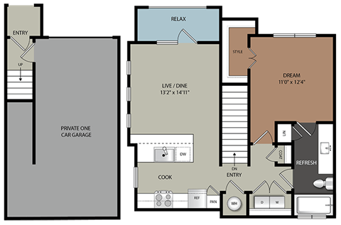 Floor plan for 1 bed, 1 bath, 743 sqft
