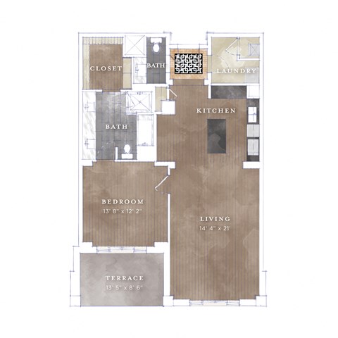 Floor plan for 1 bed, 1.5 baths, 1118 sqft