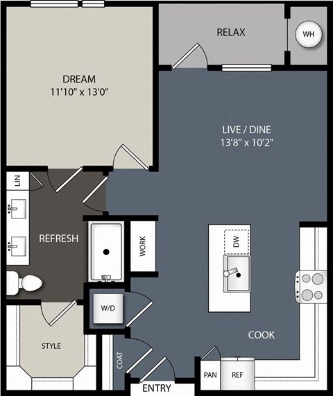 Floor plan for 1 bed, 1 bath, 785 sqft
