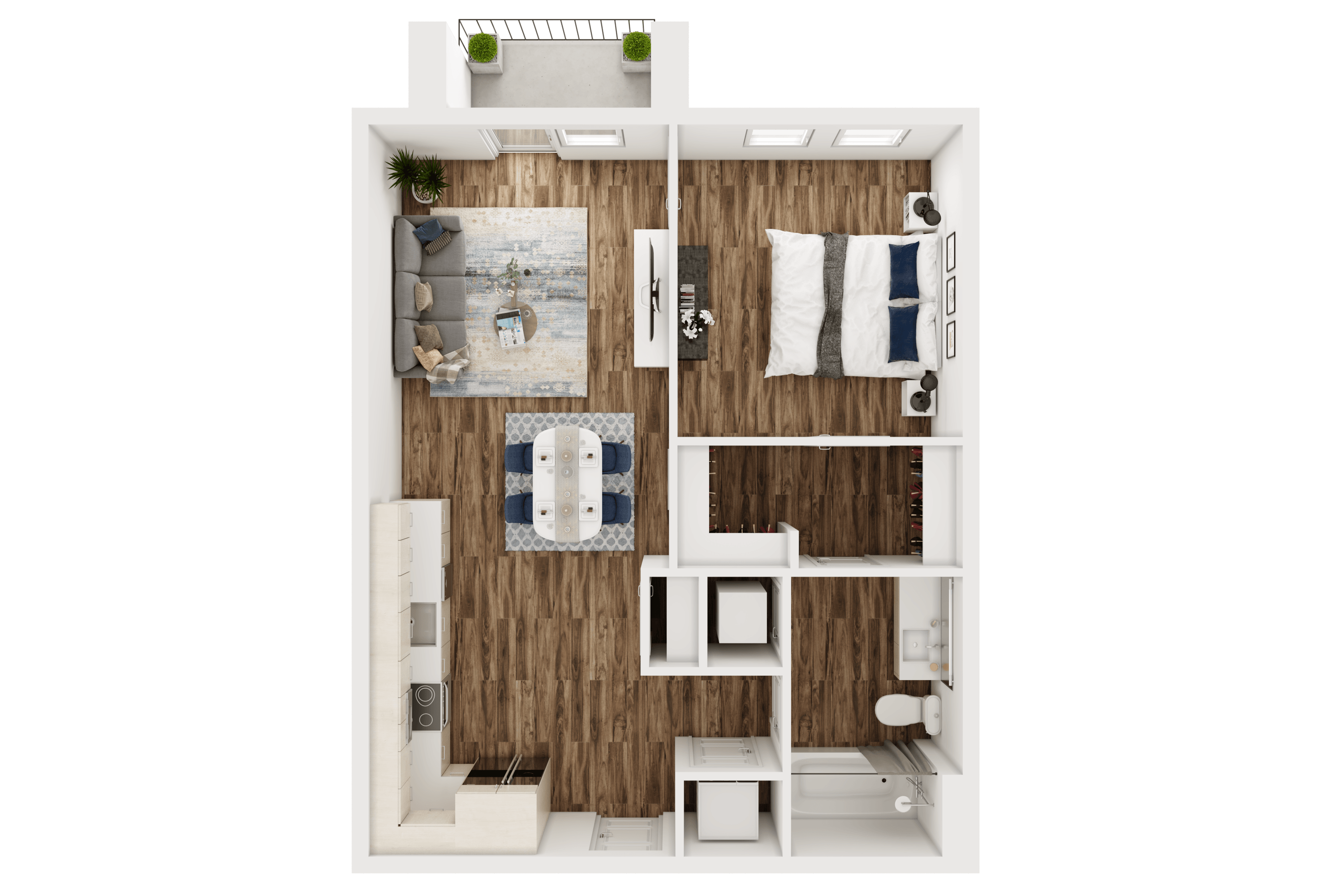 Floor plan for 1 bed, 1 bath, 736 sqft