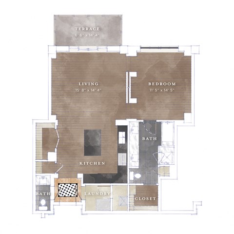 Floor plan for 1 bed, 1.5 baths, 993 sqft