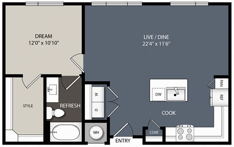 Floor plan for 1 bed, 1 bath, 787 sqft