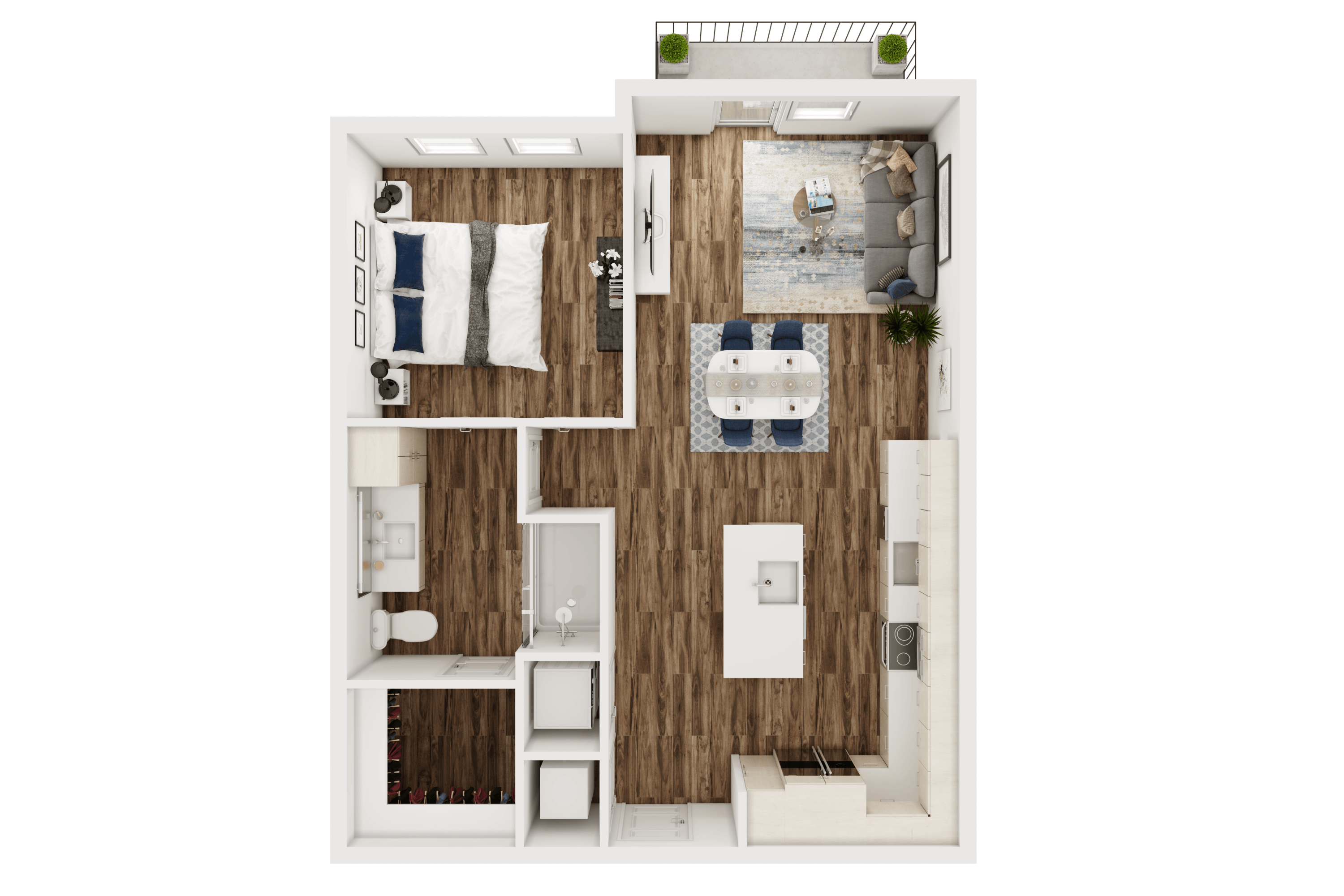 Floor plan for 1 bed, 1 bath, 749 sqft