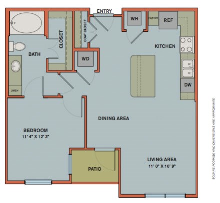 Floor plan for 1 bed, 1 bath, 724 sqft