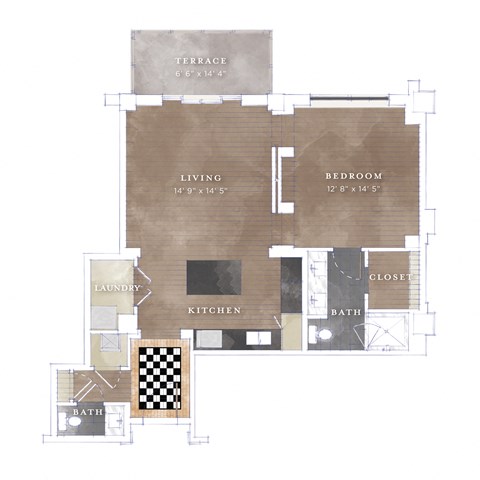 Floor plan for 1 bed, 1.5 baths, 914 sqft