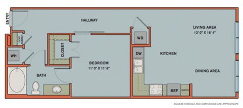 Floor plan for 1 bed, 1 bath, 735 sqft