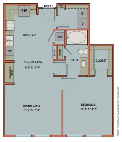 Floor plan for 1 bed, 1 bath, 815 sqft